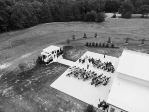 Black and white drone shot of the ceremony